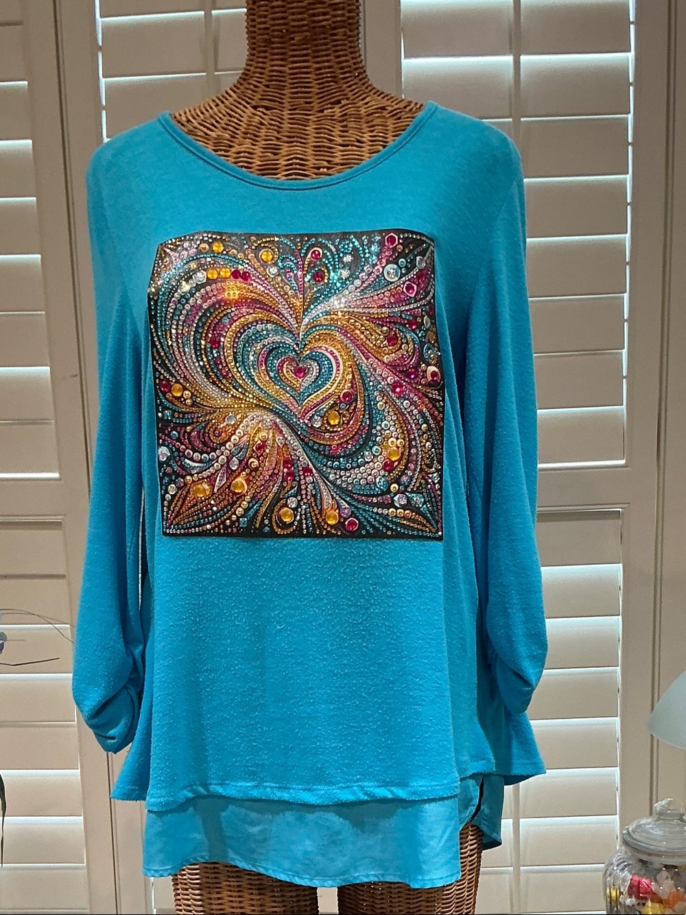 Grace Elements Turquoise Long Sleeve Top with Jeweled Swirl Panel